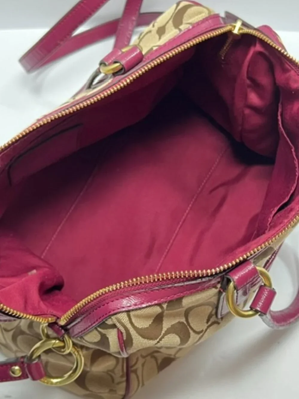 Coach Signature Stripe Python Satchel F24884 in Khaki w/Raspberry Python w/COA